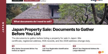 Thatched roof traditional farmhouse among trees, illustrating Japan Property Sale: Documents to Gather Before You List