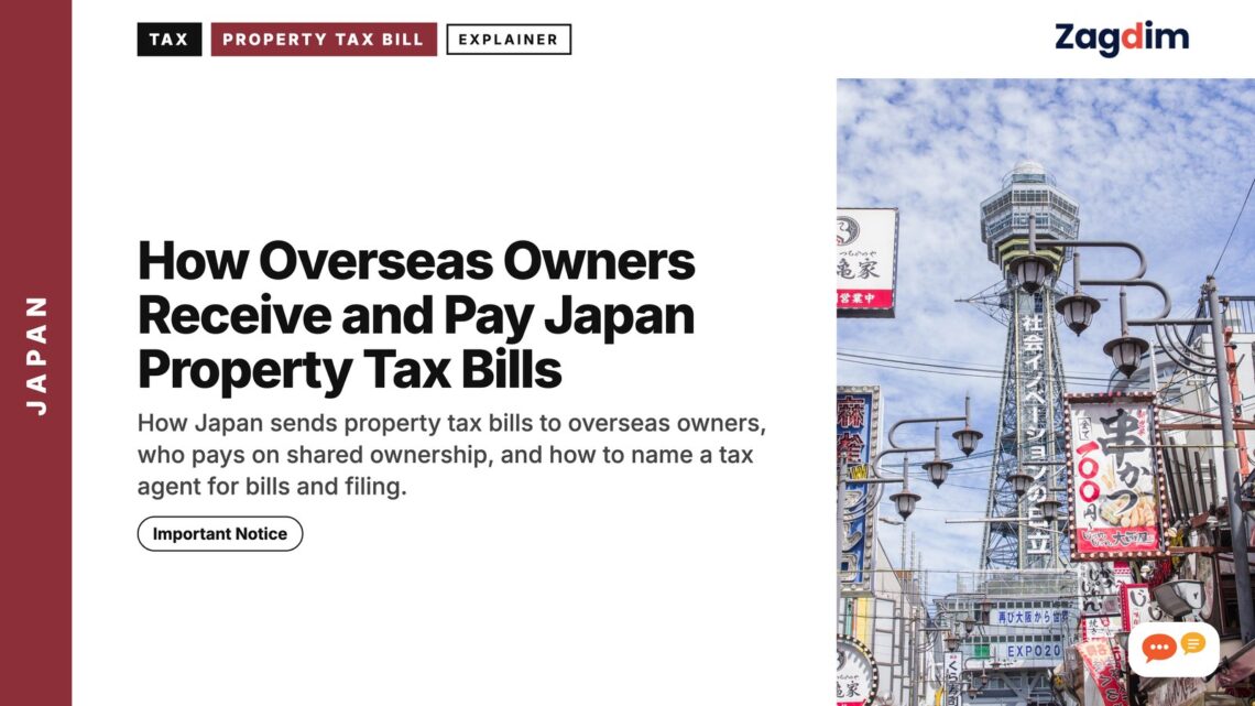 Shinsekai street signs with Tsutenkaku Tower Osaka, illustrating How Overseas Owners Receive and Pay Japan Property Tax Bills