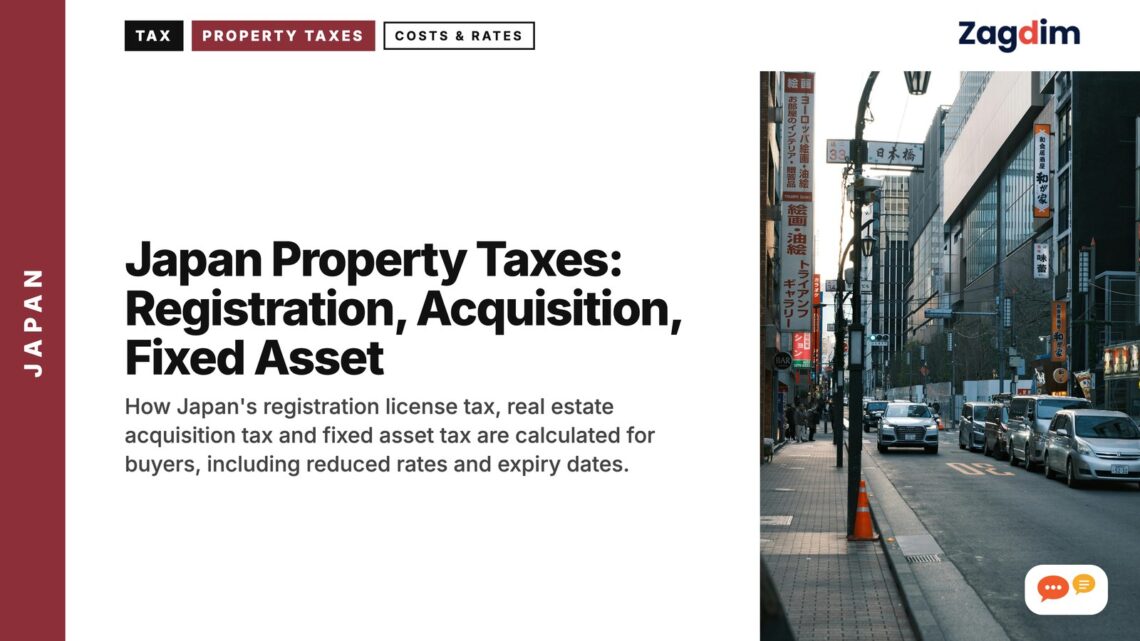 City street with parked cars and modern buildings, illustrating Japan Property Taxes: Registration, Acquisition, Fixed Asset