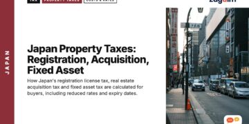 City street with parked cars and modern buildings, illustrating Japan Property Taxes: Registration, Acquisition, Fixed Asset