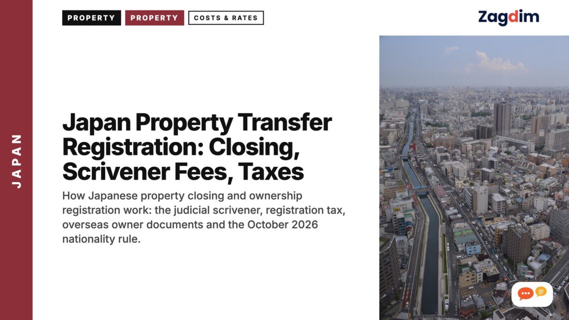 Aerial view of city with curving elevated highway, illustrating Japan Property Transfer Registration: Closing, Scrivener Fees, Taxes