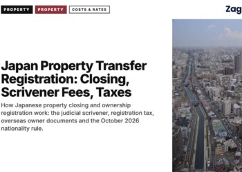 Aerial view of city with curving elevated highway, illustrating Japan Property Transfer Registration: Closing, Scrivener Fees, Taxes