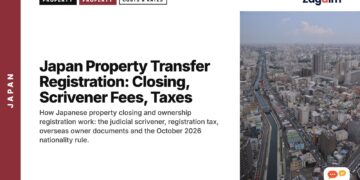 Aerial view of city with curving elevated highway, illustrating Japan Property Transfer Registration: Closing, Scrivener Fees, Taxes
