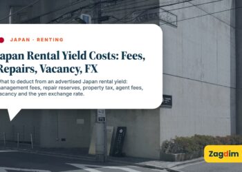 Plain building corner on quiet street, illustrating Japan Rental Yield Costs: Fees, Repairs, Vacancy, FX