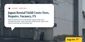 Plain building corner on quiet street, illustrating Japan Rental Yield Costs: Fees, Repairs, Vacancy, FX
