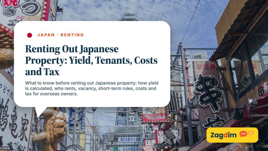 Shinsekai street signs with Tsutenkaku Tower Osaka, illustrating Renting Out Japanese Property: Yield, Tenants, Costs and Tax