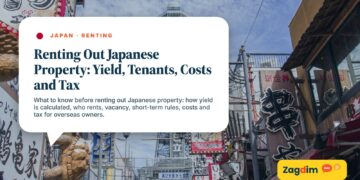 Shinsekai street signs with Tsutenkaku Tower Osaka, illustrating Renting Out Japanese Property: Yield, Tenants, Costs and Tax