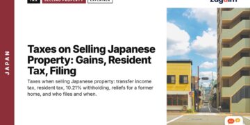 Quiet backstreet with yellow corner building, illustrating Taxes on Selling Japanese Property: Gains, Resident Tax, Filing