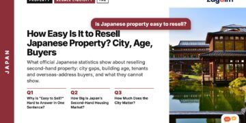 Traditional wooden teahouse pavilion over pond, illustrating How Easy Is It to Resell Japanese Property? City, Age, Buyers