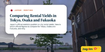 Traditional houses at waterfront dusk with string lights, illustrating Comparing Rental Yields in Tokyo, Osaka and Fukuoka