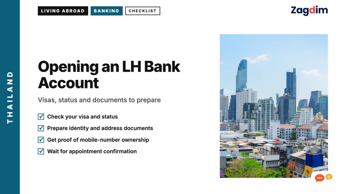 Bangkok modern skyline in daylight, illustrating the LH Bank account-opening visa and document checklist.