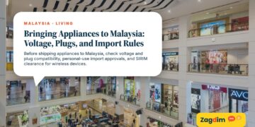 Shopping mall atrium interior with a wave-patterned ceiling, illustrating Bringing Appliances to Malaysia: Voltage, Plugs, and Import Rules