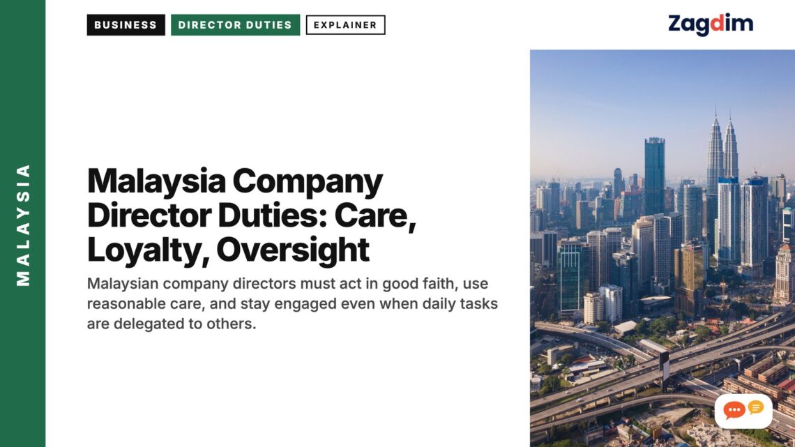Aerial Kuala Lumpur skyline with highways at dusk, illustrating Malaysia Company Director Duties: Care, Loyalty, Oversight