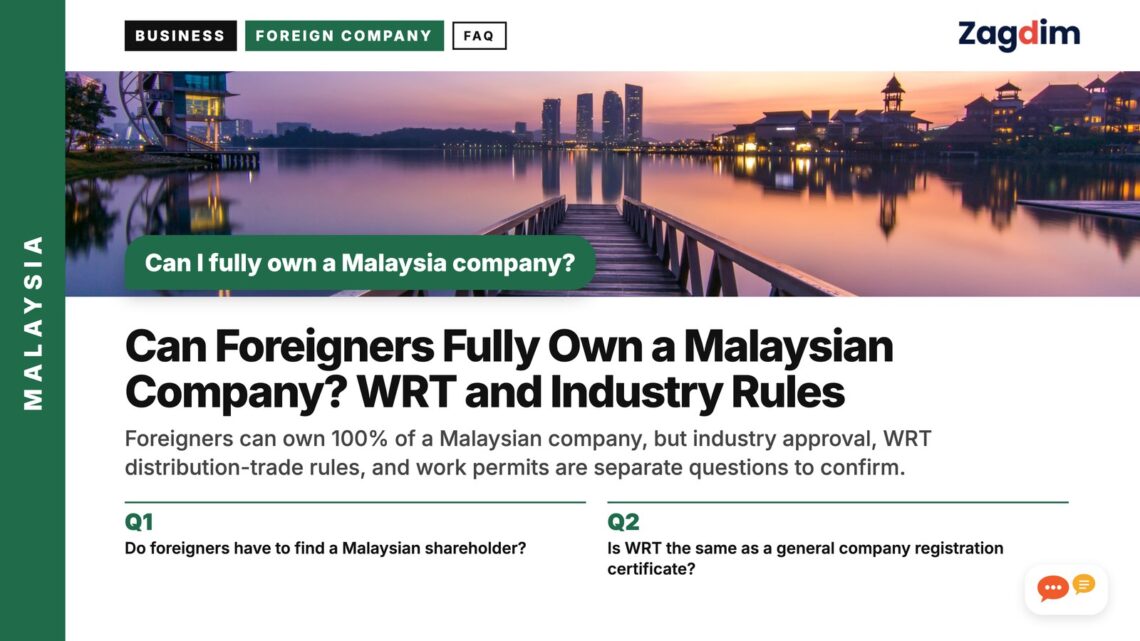 City skyline at sunset reflected in lake with jetty, illustrating Can Foreigners Fully Own a Malaysian Company? WRT and Industry Rules