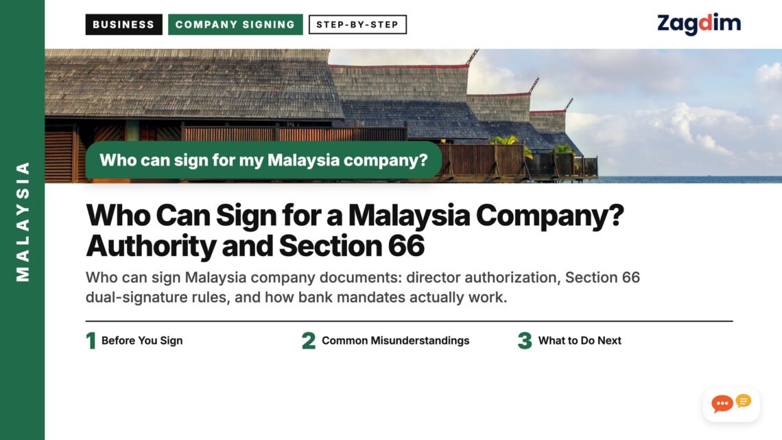 Stilt chalets over turquoise water at a resort, illustrating Who Can Sign for a Malaysia Company? Authority and Section 66