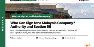 Stilt chalets over turquoise water at a resort, illustrating Who Can Sign for a Malaysia Company? Authority and Section 66