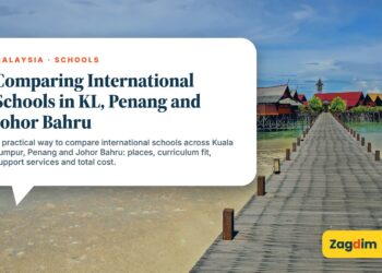 Long wooden boardwalk leading to beach huts, illustrating Comparing International Schools in KL, Penang and Johor Bahru