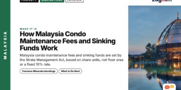 Glass dome pavilion reflected in water at dusk, illustrating How Malaysia Condo Maintenance Fees and Sinking Funds Work