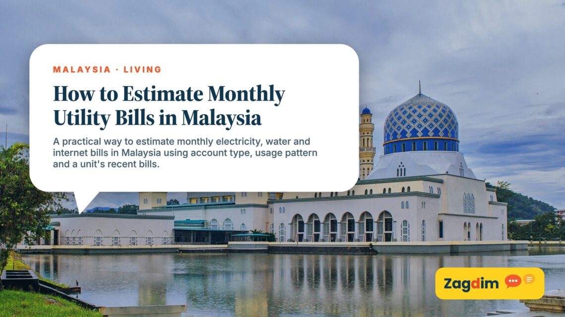 Kota Kinabalu City Mosque with blue domes reflected in water, illustrating How to Estimate Monthly Utility Bills in Malaysia