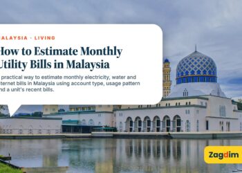 Kota Kinabalu City Mosque with blue domes reflected in water, illustrating How to Estimate Monthly Utility Bills in Malaysia