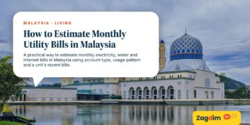 Kota Kinabalu City Mosque with blue domes reflected in water, illustrating How to Estimate Monthly Utility Bills in Malaysia