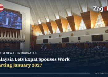 Interior of Malaysia's Dewan Rakyat parliamentary chamber, members' benches and debate screen