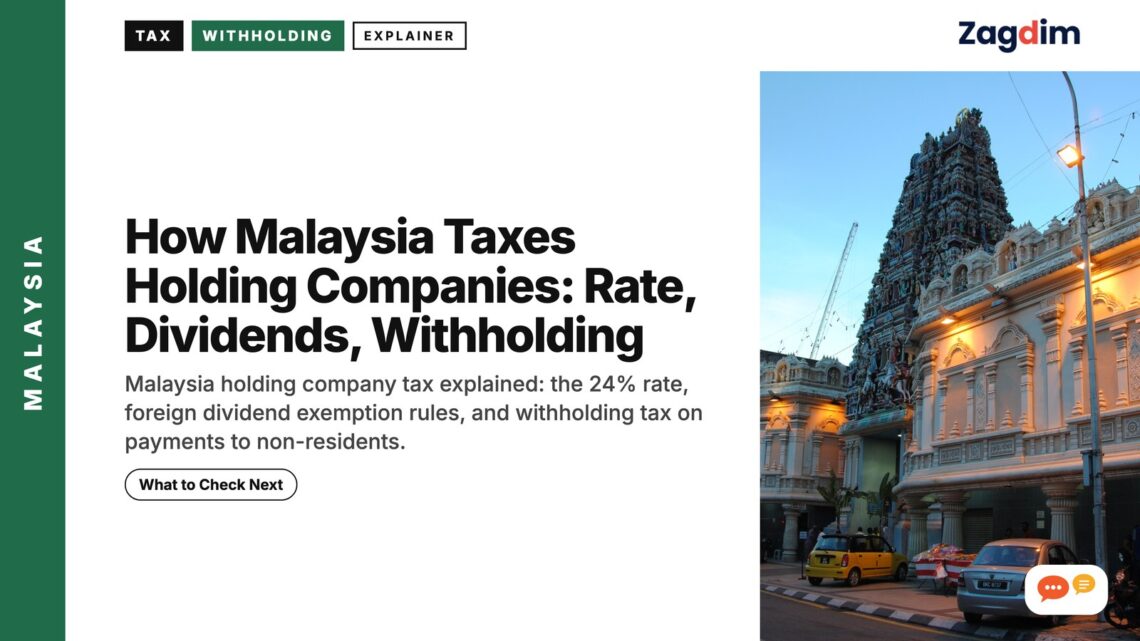 Evening street view of colonial shophouses near a Hindu temple, Kuala Lumpur, illustrating How Malaysia Taxes Holding Companies: Rate, Dividends, Withholding