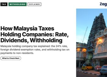 Evening street view of colonial shophouses near a Hindu temple, Kuala Lumpur, illustrating How Malaysia Taxes Holding Companies: Rate, Dividends, Withholding
