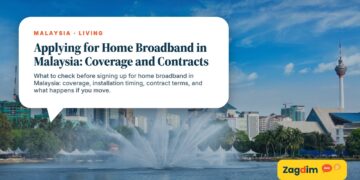 Petronas Towers with fountain display in daytime, illustrating Applying for Home Broadband in Malaysia: Coverage and Contracts