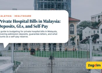 White colonial building with modern skyscraper behind, illustrating Private Hospital Bills in Malaysia: Deposits, GLs, and Self-Pay