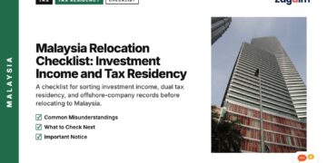 Low angle view of a striped high-rise office tower, illustrating Malaysia Relocation Checklist: Investment Income and Tax Residency