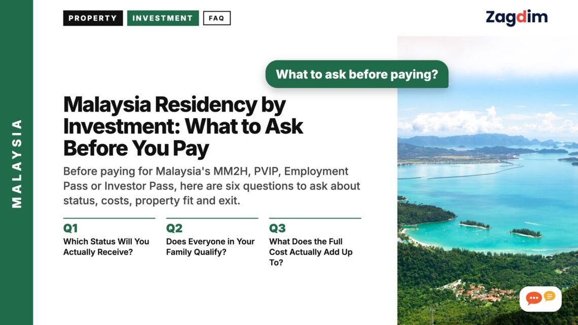 Aerial view of island coastline with resorts and turquoise bay, illustrating Malaysia Residency by Investment: What to Ask Before You Pay