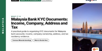 Empty infinity pool loungers overlooking Kuala Lumpur skyline at sunset, illustrating Malaysia Bank KYC Documents: Income, Company, Address and Tax