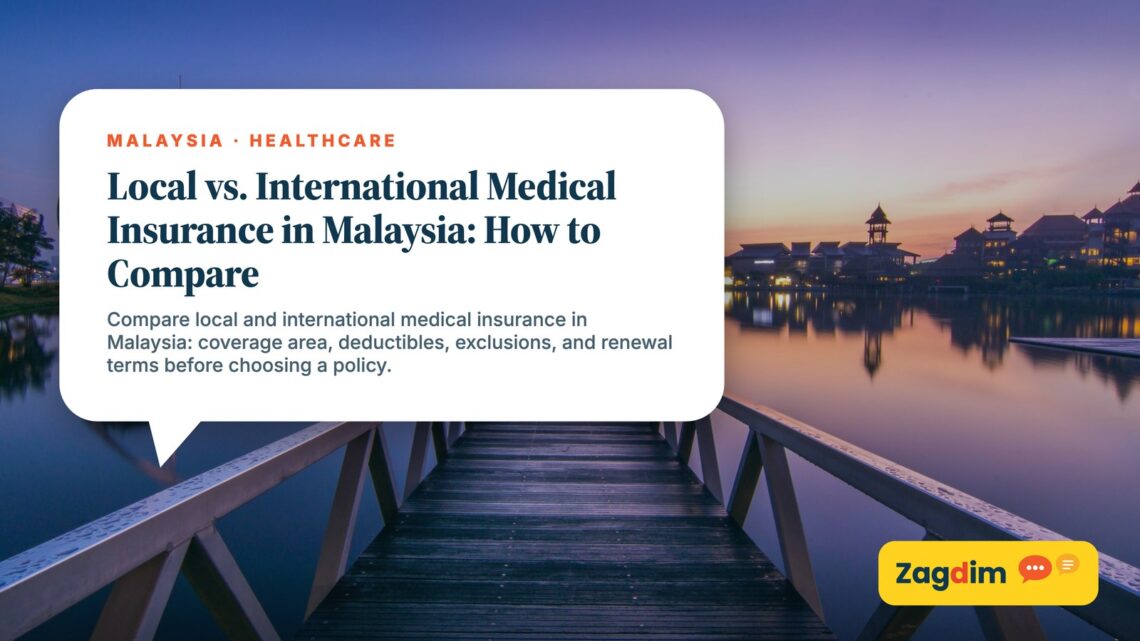 City skyline at sunset reflected in lake with jetty, illustrating Local vs. International Medical Insurance in Malaysia: How to Compare