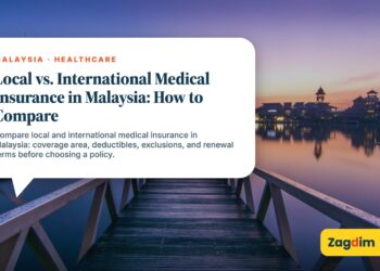 City skyline at sunset reflected in lake with jetty, illustrating Local vs. International Medical Insurance in Malaysia: How to Compare