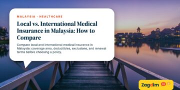 City skyline at sunset reflected in lake with jetty, illustrating Local vs. International Medical Insurance in Malaysia: How to Compare