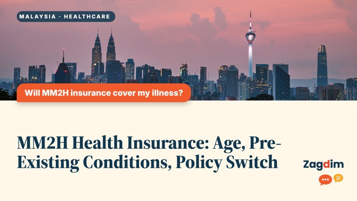 Kuala Lumpur skyline silhouette at sunset with KL Tower, illustrating MM2H Health Insurance: Age, Pre-Existing Conditions, Policy Switch