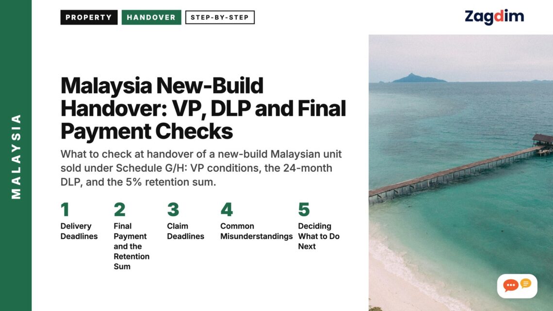 Aerial view of long jetty into turquoise sea, illustrating Malaysia New-Build Handover: VP, DLP and Final Payment Checks
