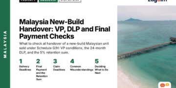 Aerial view of long jetty into turquoise sea, illustrating Malaysia New-Build Handover: VP, DLP and Final Payment Checks