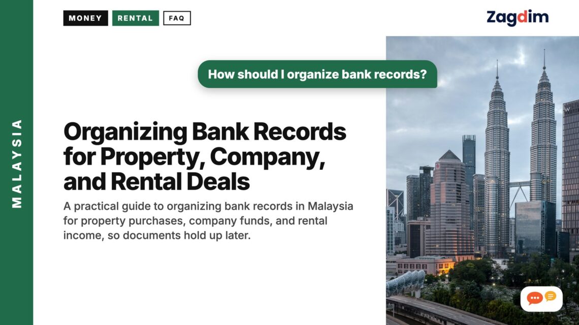 Kuala Lumpur skyline at dusk with elevated train, illustrating Organizing Bank Records for Property, Company, and Rental Deals