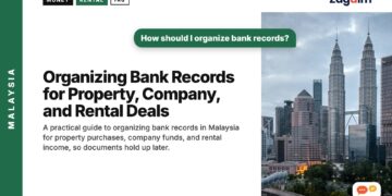 Kuala Lumpur skyline at dusk with elevated train, illustrating Organizing Bank Records for Property, Company, and Rental Deals