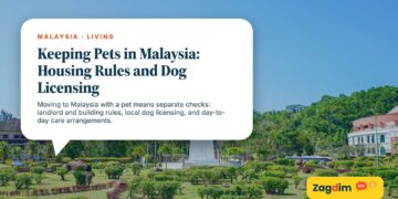 White clock tower monument in landscaped park gardens, illustrating Keeping Pets in Malaysia: Housing Rules and Dog Licensing
