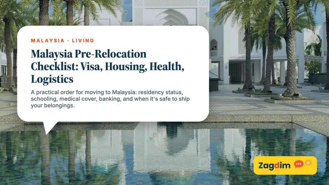 White mosque reflected in pool with palm trees, illustrating Malaysia Pre-Relocation Checklist: Visa, Housing, Health, Logistics