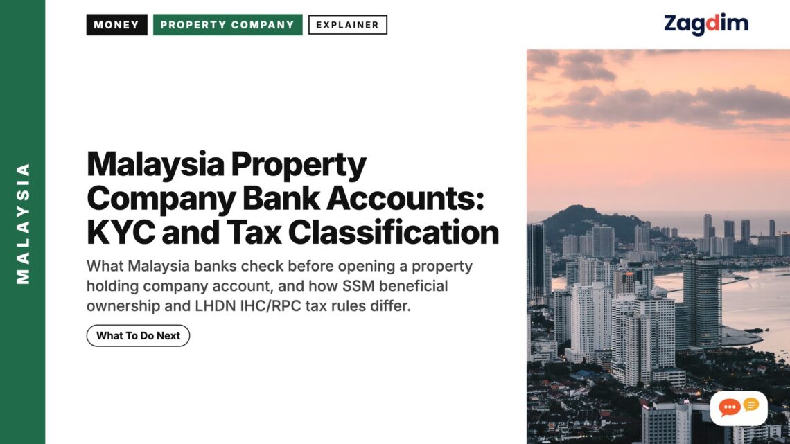 George Town skyline along the waterfront at dusk, illustrating Malaysia Property Company Bank Accounts: KYC and Tax Classification