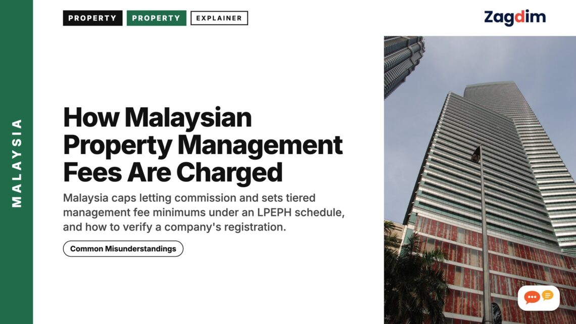 Low angle view of a striped high-rise office tower, illustrating How Malaysian Property Management Fees Are Charged