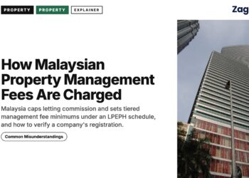 Low angle view of a striped high-rise office tower, illustrating How Malaysian Property Management Fees Are Charged