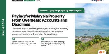 Aerial view of a coastal village and the sea, Sabah, illustrating Paying for Malaysia Property From Overseas: Accounts and Deadlines