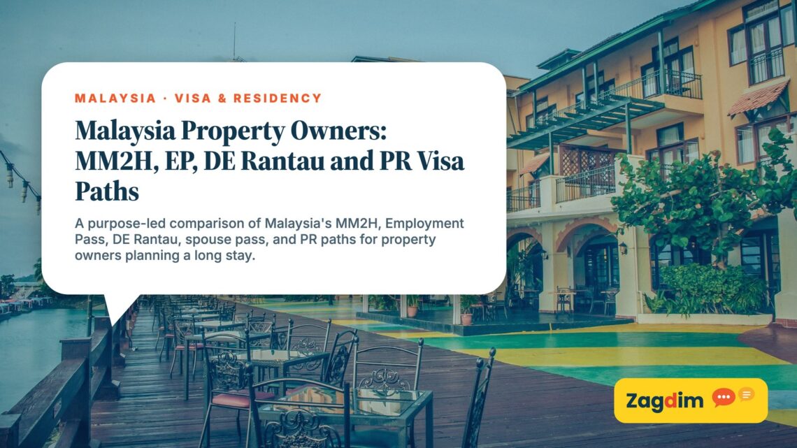 Waterfront promenade with colonial-style buildings and a lighthouse tower, illustrating Malaysia Property Owners: MM2H, EP, DE Rantau and PR Visa Paths