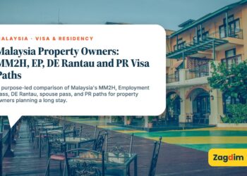 Waterfront promenade with colonial-style buildings and a lighthouse tower, illustrating Malaysia Property Owners: MM2H, EP, DE Rantau and PR Visa Paths