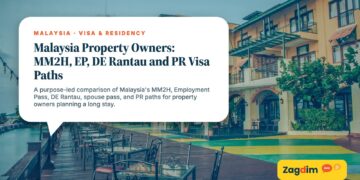 Waterfront promenade with colonial-style buildings and a lighthouse tower, illustrating Malaysia Property Owners: MM2H, EP, DE Rantau and PR Visa Paths